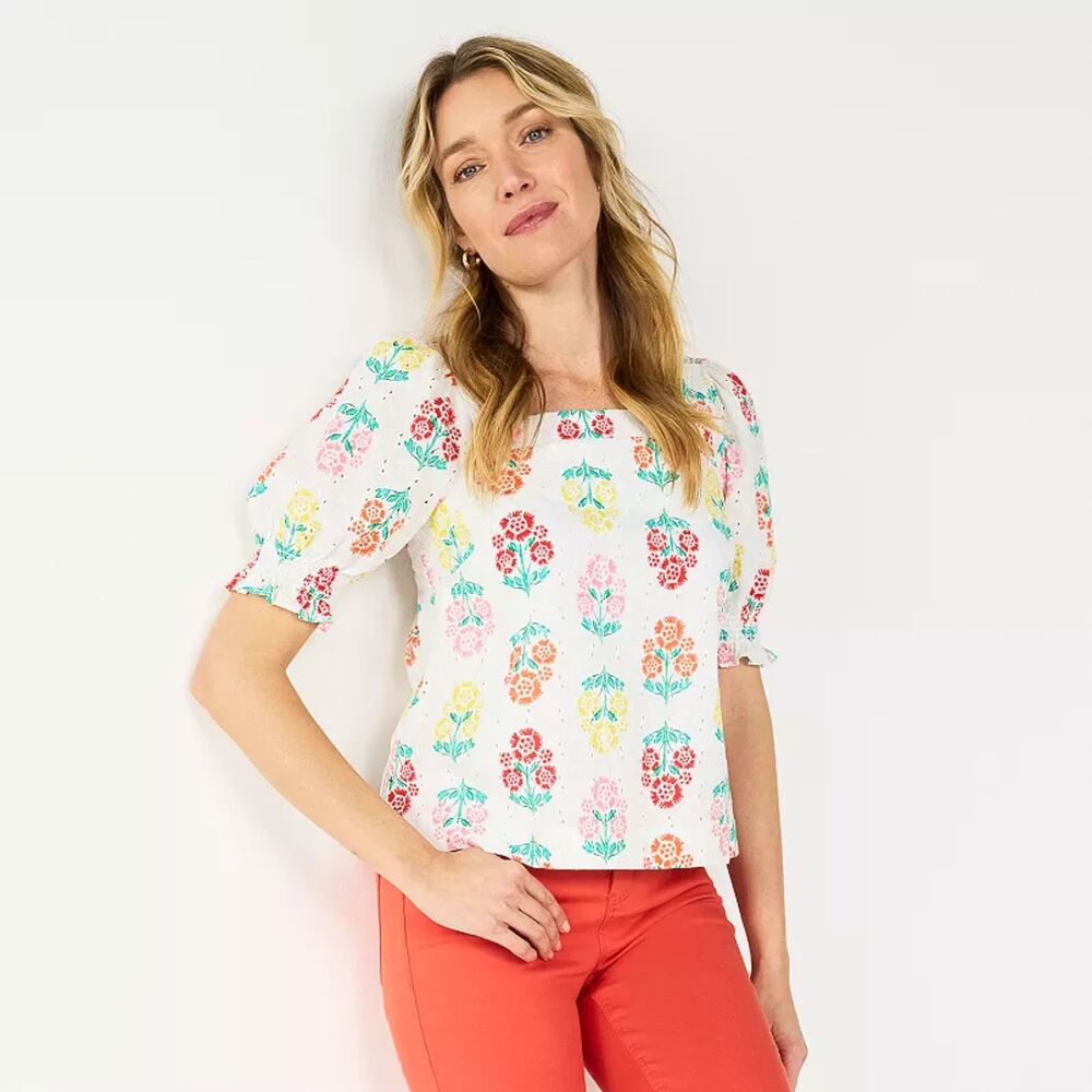 NWT Draper James RSVP Eyelet Floral Puff-Shoulder Top, Ivory Multi, Size S